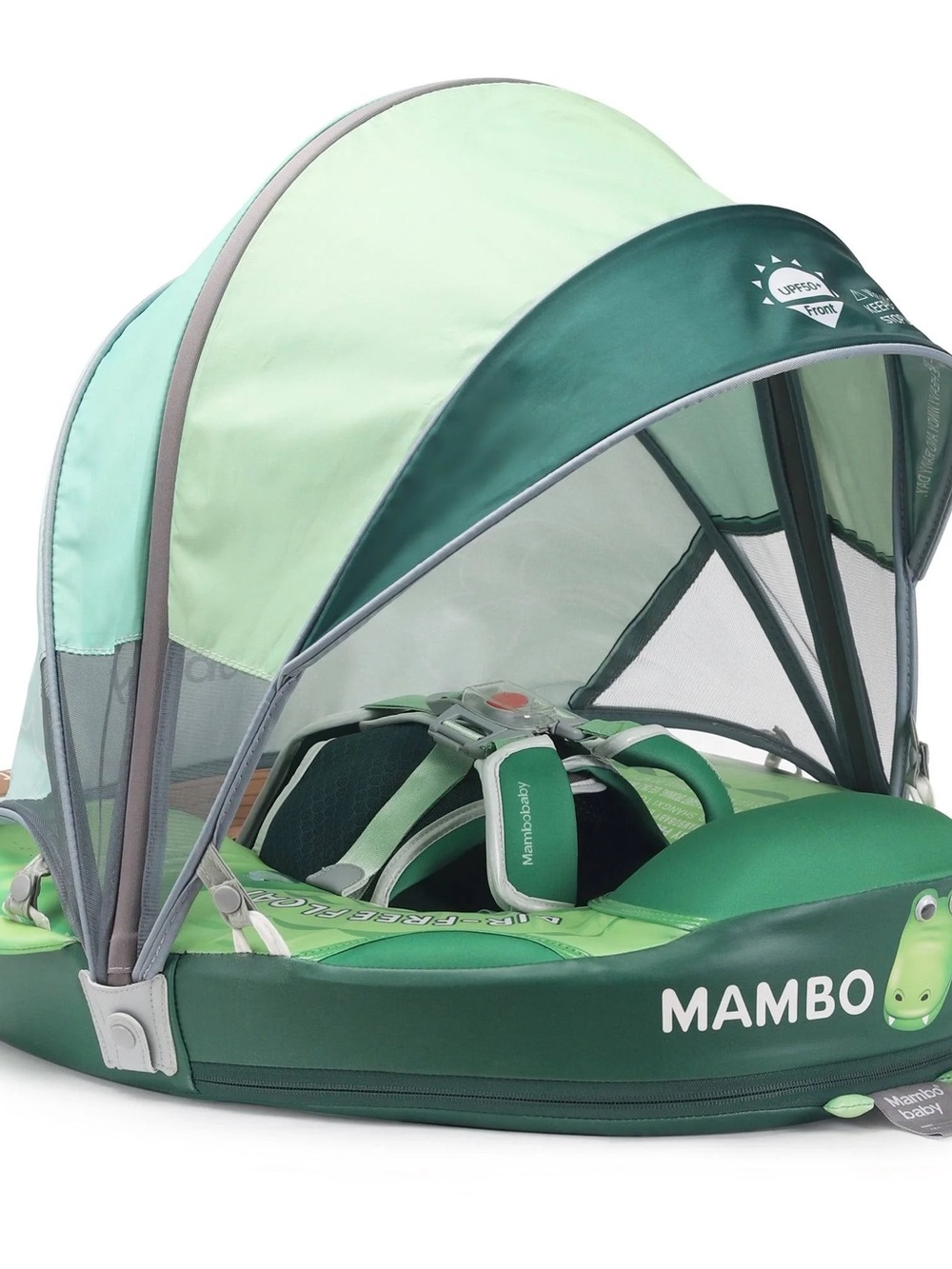 MamboBaby Green Infant Swim Float with Sun Canopy crocodile and tail pillow